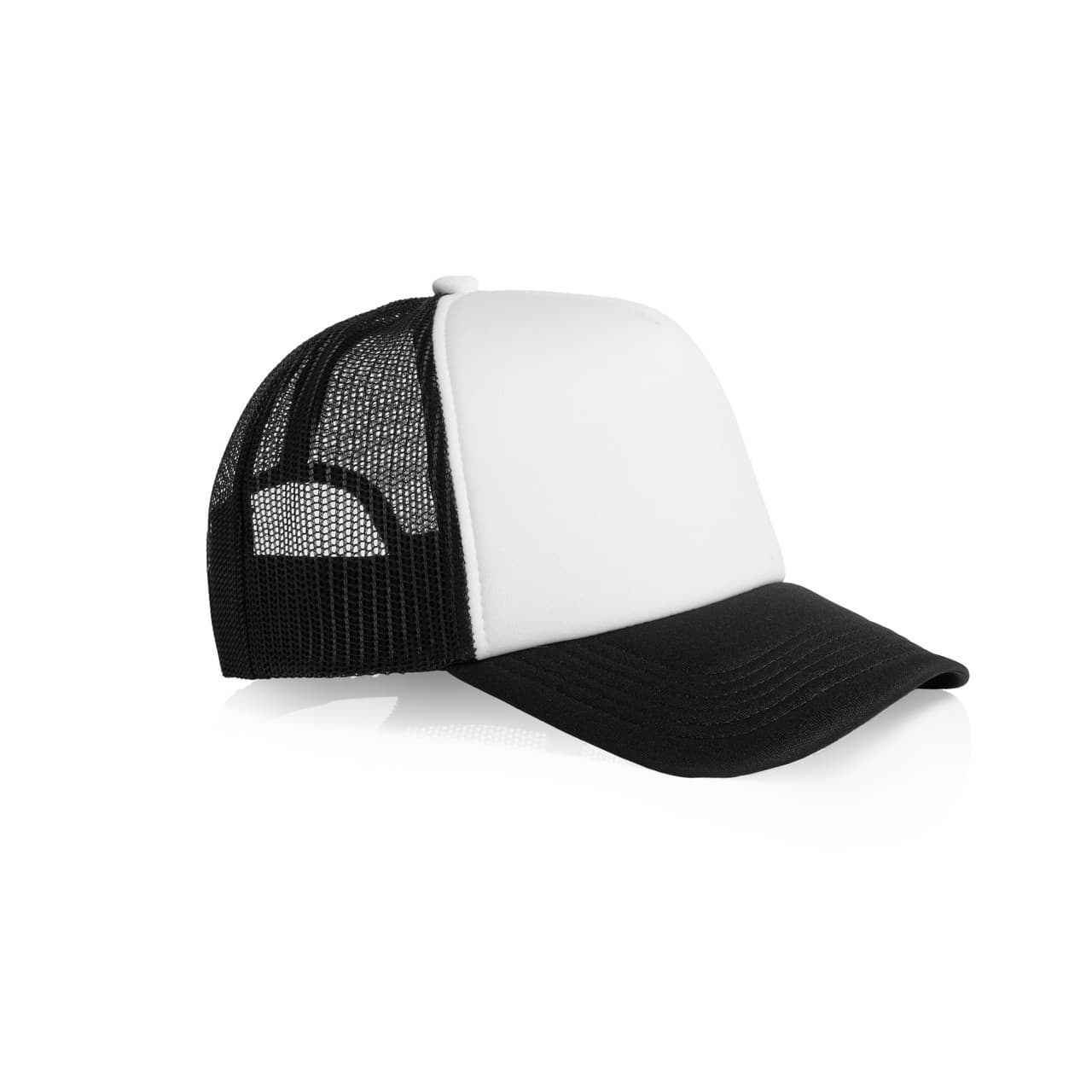 Frame Foam Two-Tone Trucker AS-1163 A two-tone black and white trucker cap with a mesh back and a solid front panel featuring a logo.