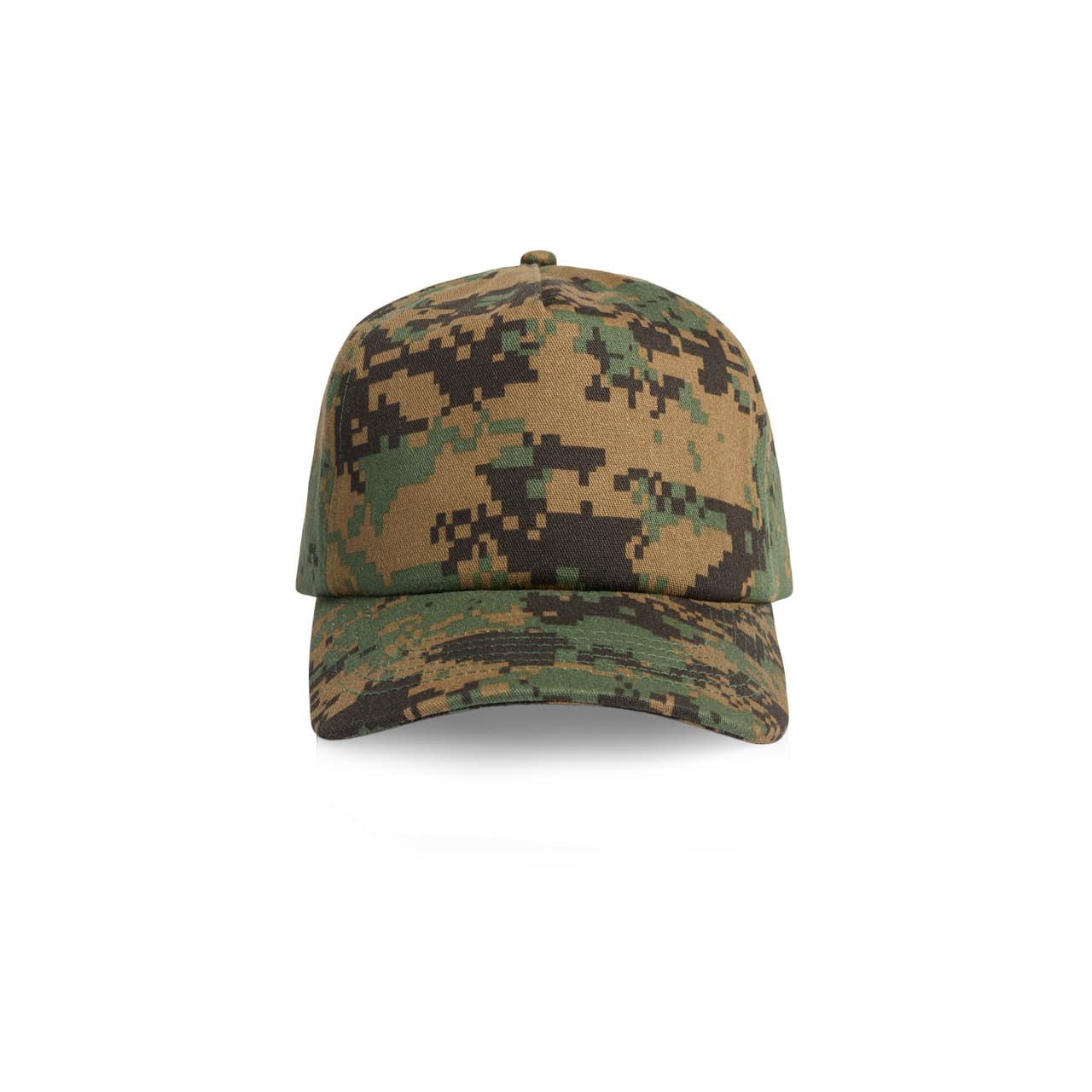 Frame Soft Camo Cap AS-1164C A camo cap featuring a pixelated pattern in shades of green, brown, and black, with a branded logo.