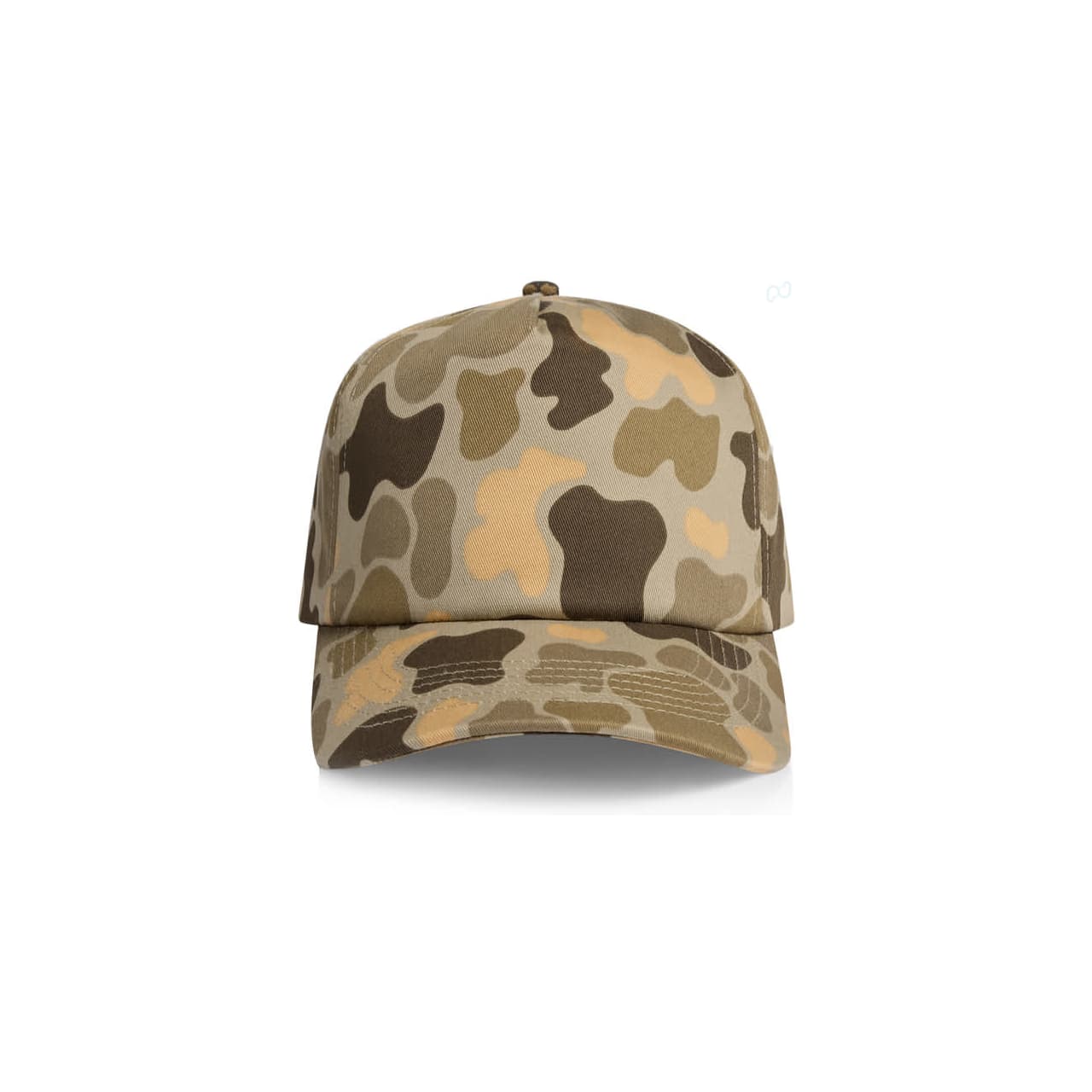 Frame Soft Camo Cap AS-1164C A soft camo cap featuring a mix of khaki, browns, and tan colours, with a logo on the front.