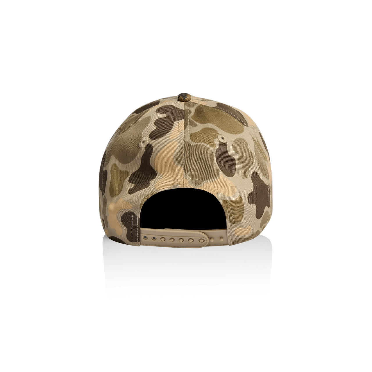 Frame Soft Camo Cap AS-1164C A soft camo cap featuring a mix of earthy tones and a plastic adjuster at the back. It includes a logo.