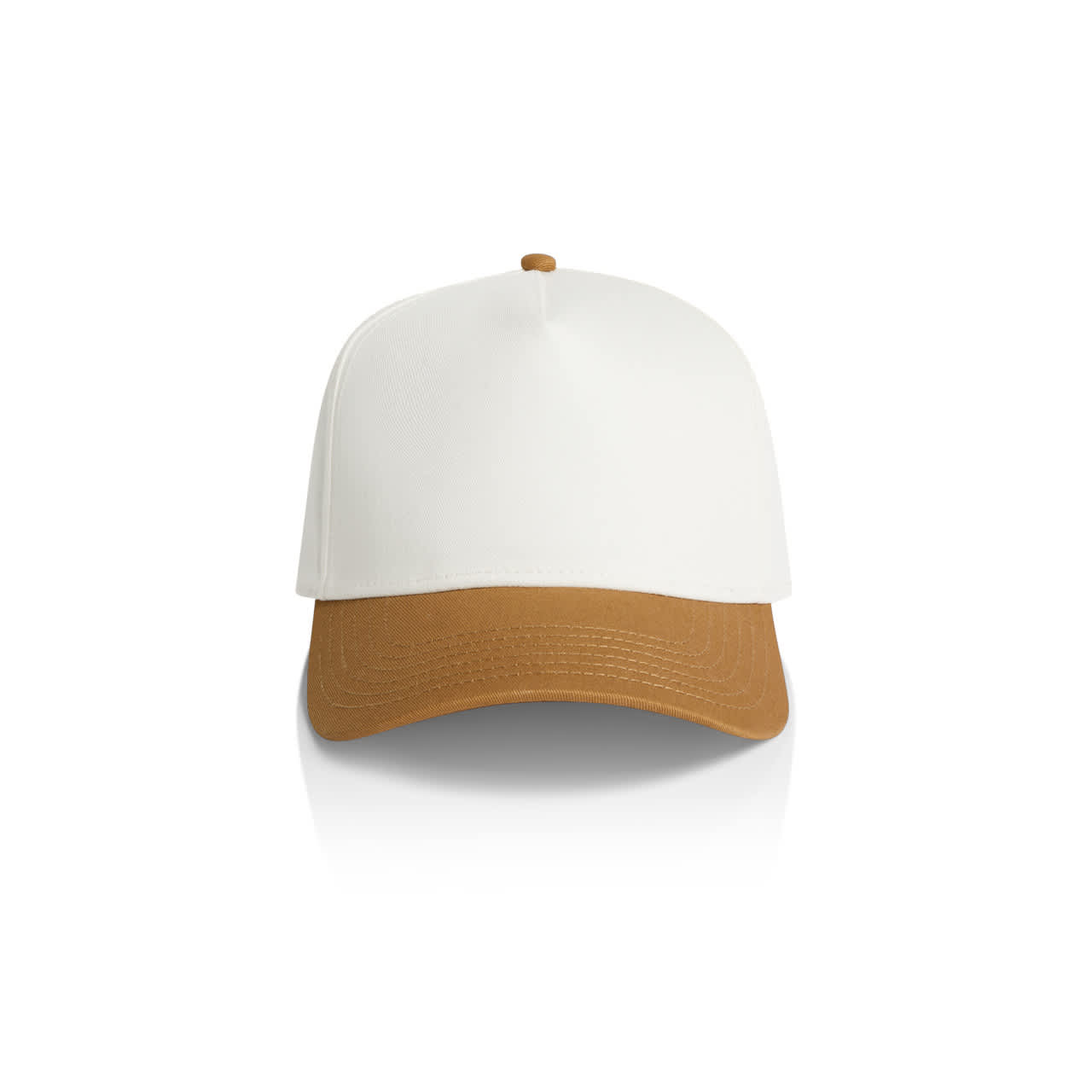 Frame Two-Tone Cap AS-1165 A two-tone cap featuring a white crown and a brown peak, with a structured design and a logo on the front.