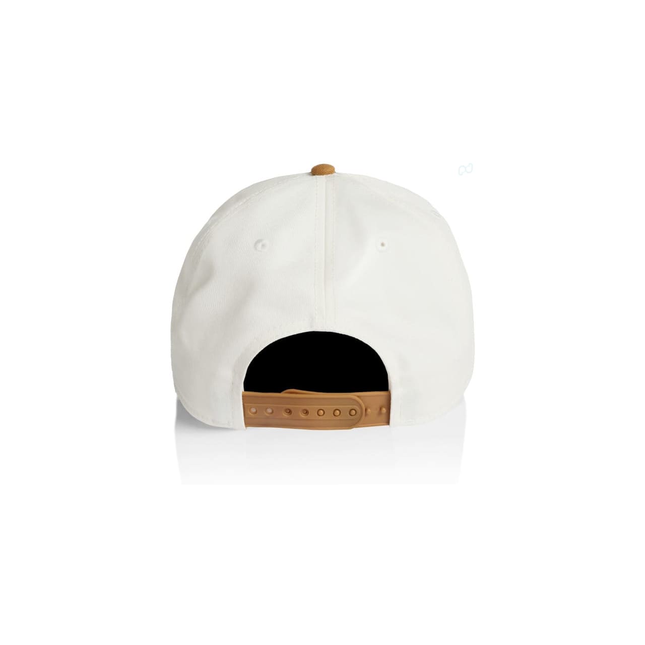 Frame Two-Tone Cap AS-1165 A white two-tone cap featuring a tan strap at the back and a black interior. It includes a logo.