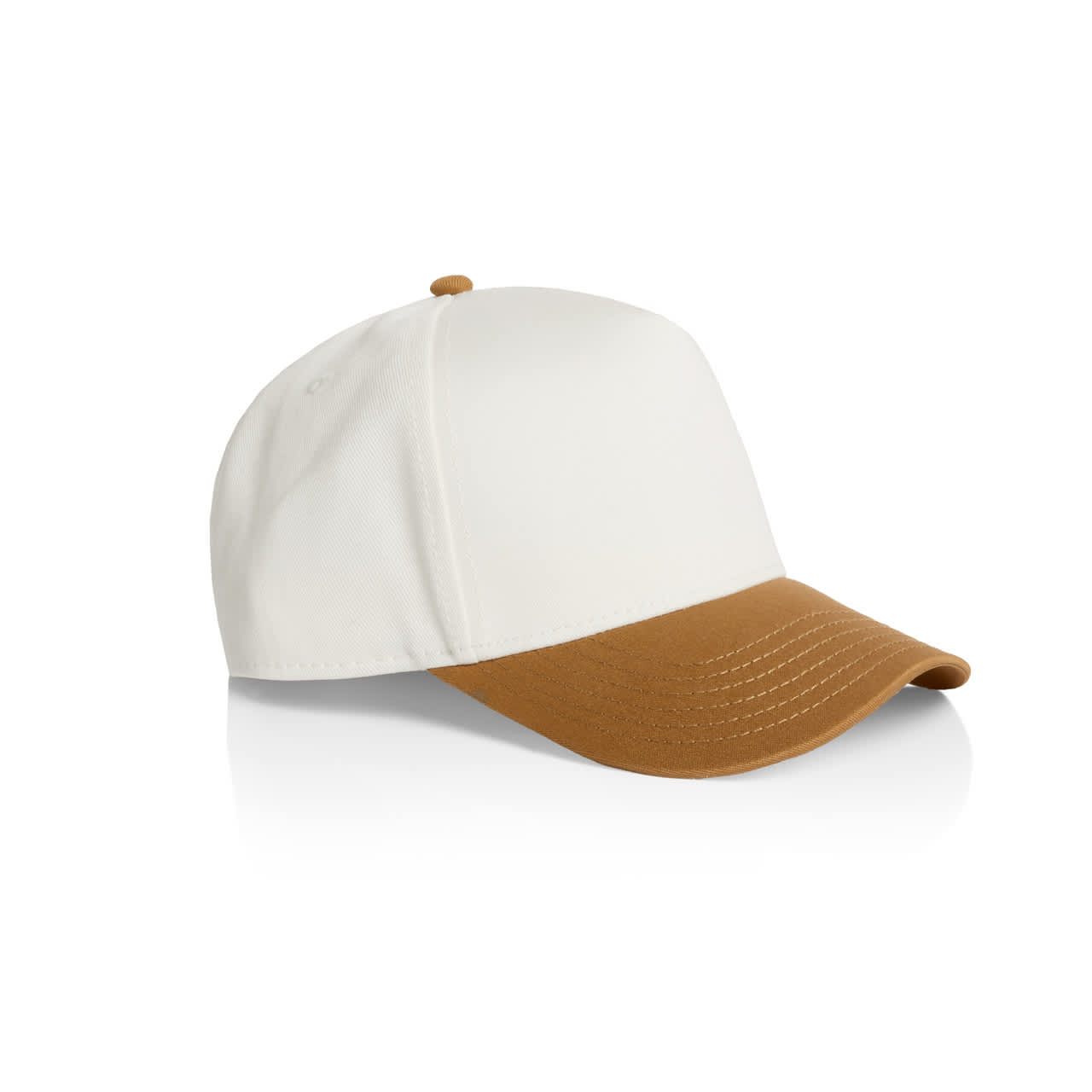Frame Two-Tone Cap AS-1165 A two-tone cap featuring a white crown and a brown peak, with a logo on the side.