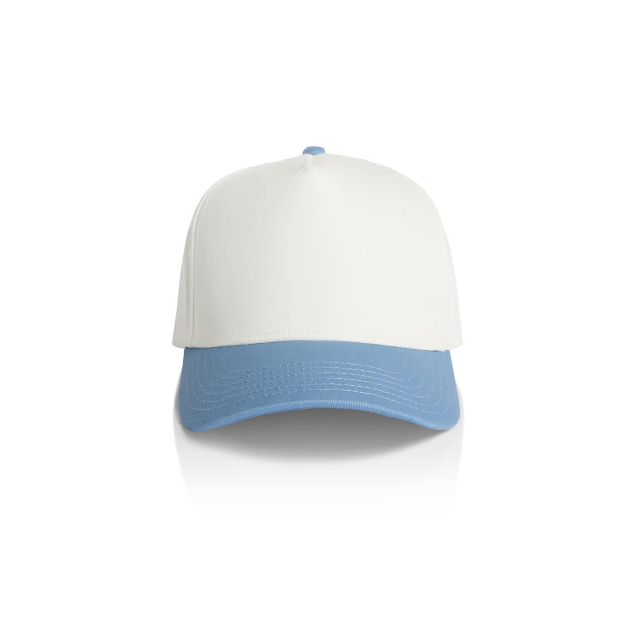 Frame Two-Tone Cap AS-1165 A two-tone cap featuring a white crown and a blue peak, with a logo on the front.