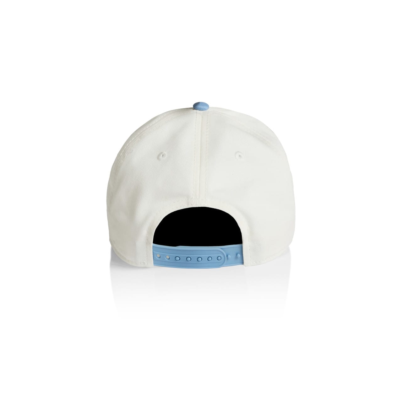 Frame Two-Tone Cap AS-1165 A two-tone cap featuring a white body and a light blue strap. The back has an adjustable snap closure.