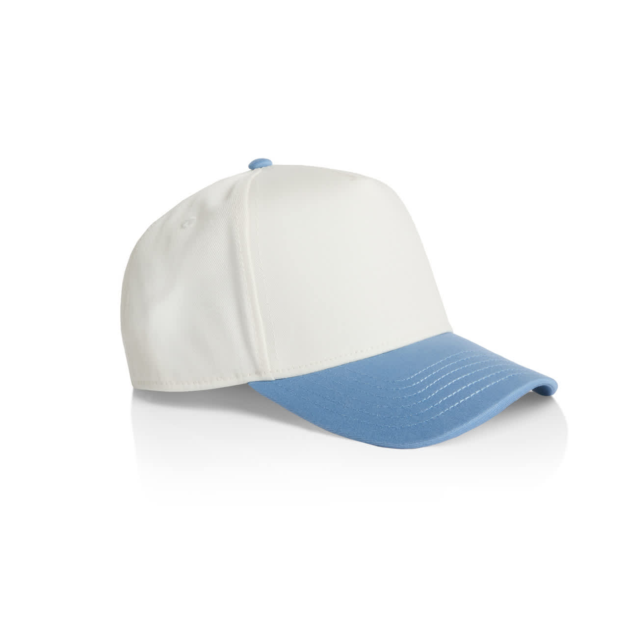 Frame Two-Tone Cap AS-1165 A two-tone cap featuring a white body and a blue peak, complete with a logo on the side.