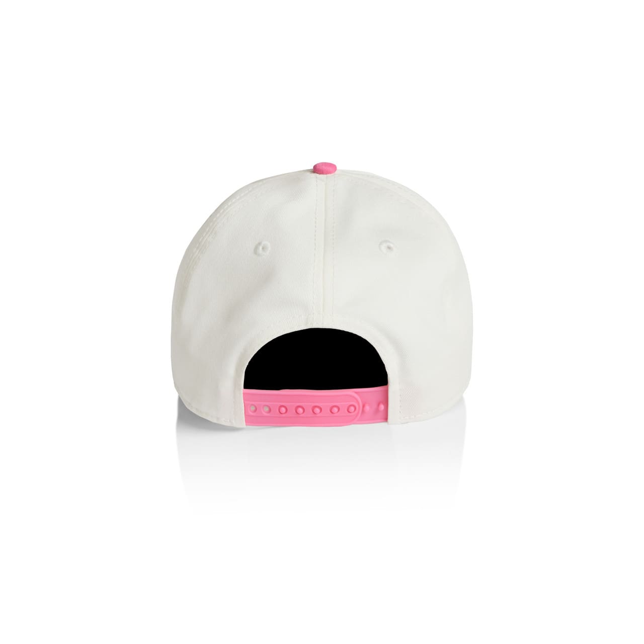 Frame Two-Tone Cap AS-1165 A white two-tone cap with a pink adjustable strap and button at the back, featuring a logo.