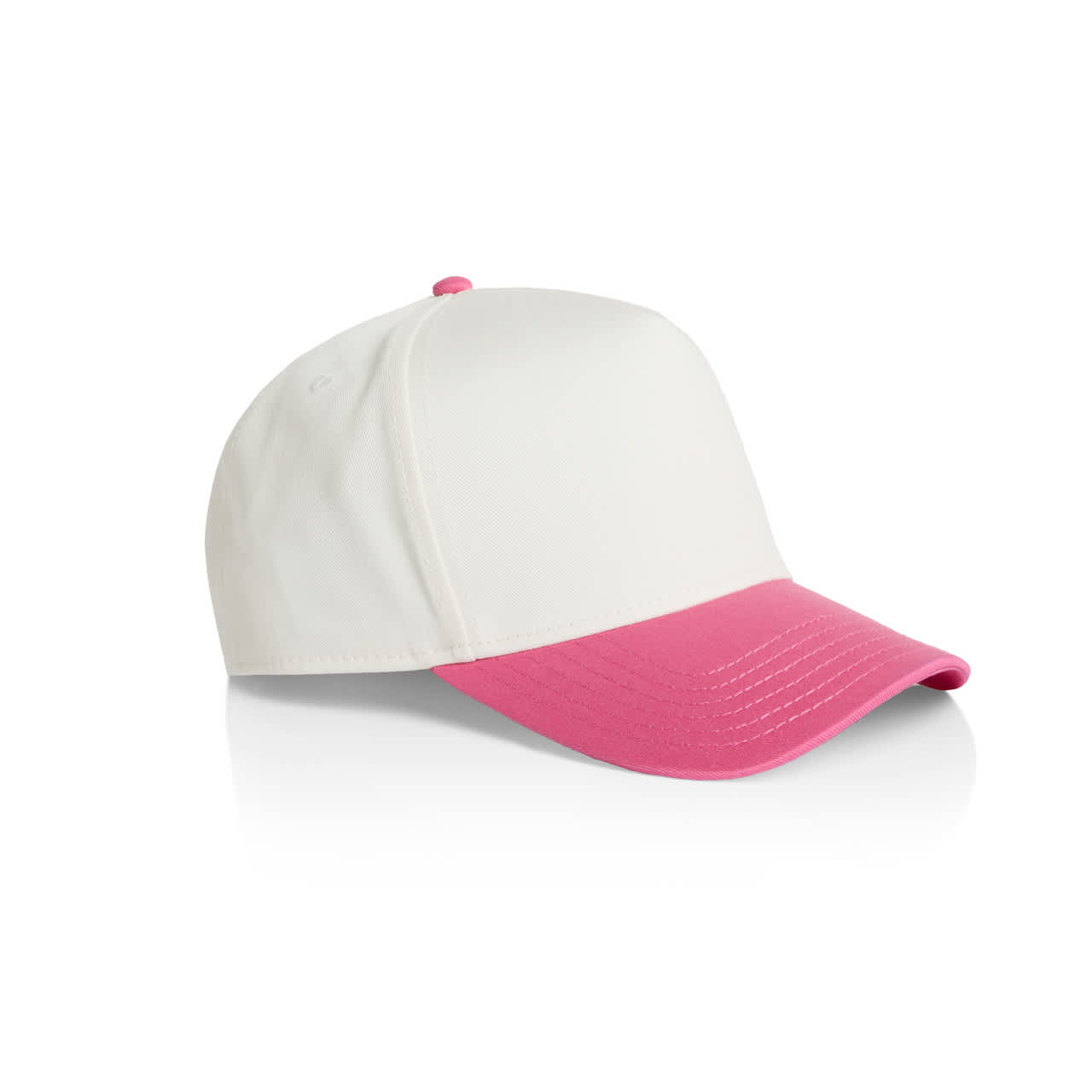 Frame Two-Tone Cap AS-1165 A two-tone cap featuring a white body and a pink peak, with an adjustable back and a logo.