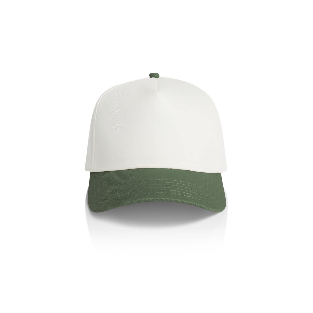 Frame Two-Tone Cap AS-1165 A two-tone cap featuring a white upper and a green brim. It includes a logo on the front.
