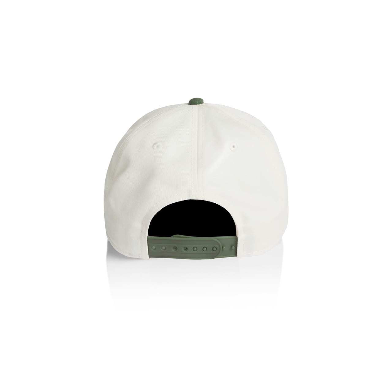 Frame Two-Tone Cap AS-1165 A two-tone cap featuring a white body and green accents, with an adjustable strap at the back and a logo.