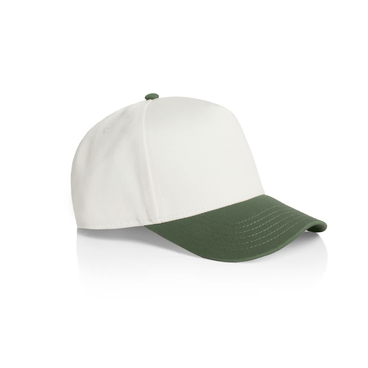 Frame Two-Tone Cap AS-1165 A two-tone cap featuring a white crown and a green brim, with a logo on the side.