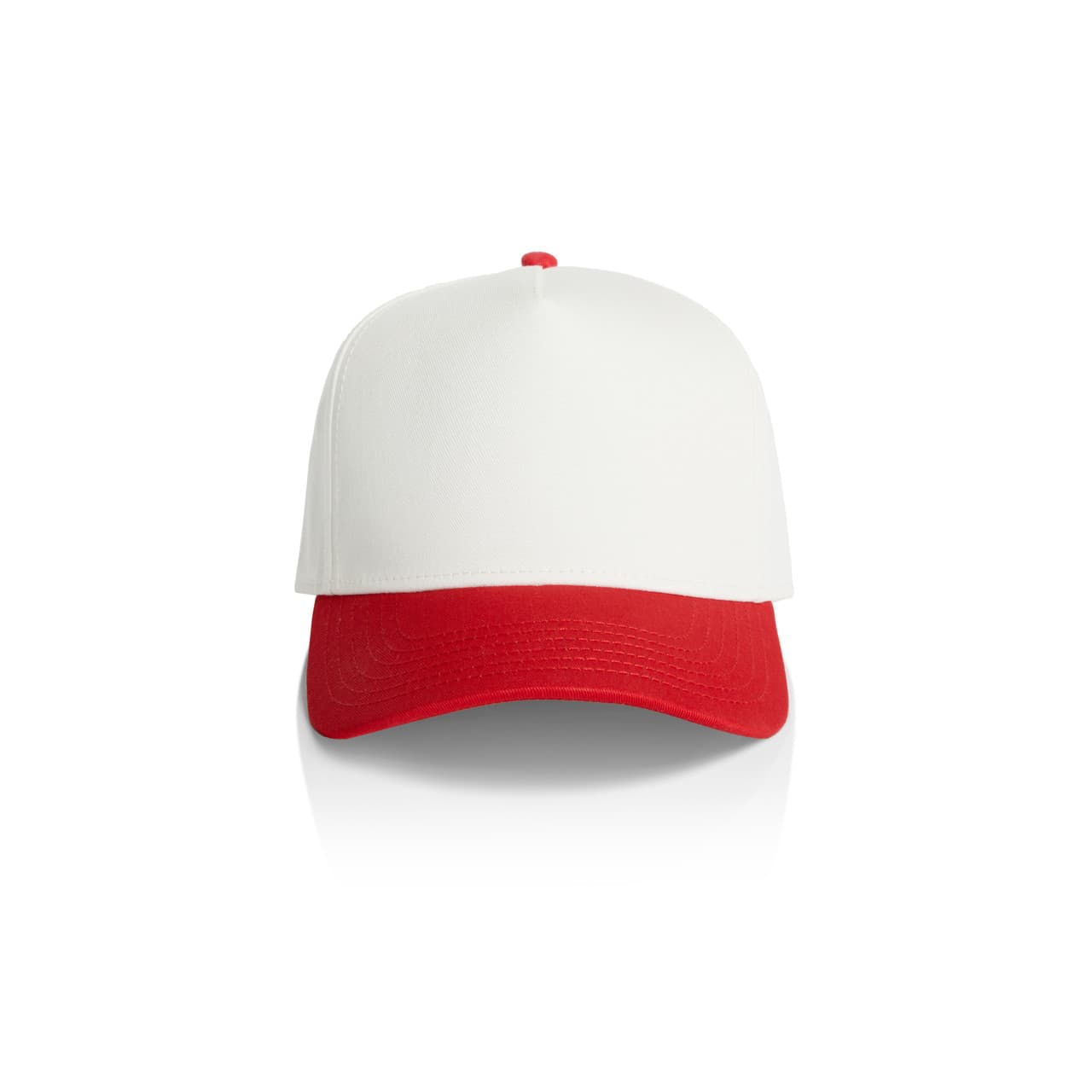 Frame Two-Tone Cap AS-1165 A two-tone cap featuring a white crown and a red peak, complete with a logo on the front.