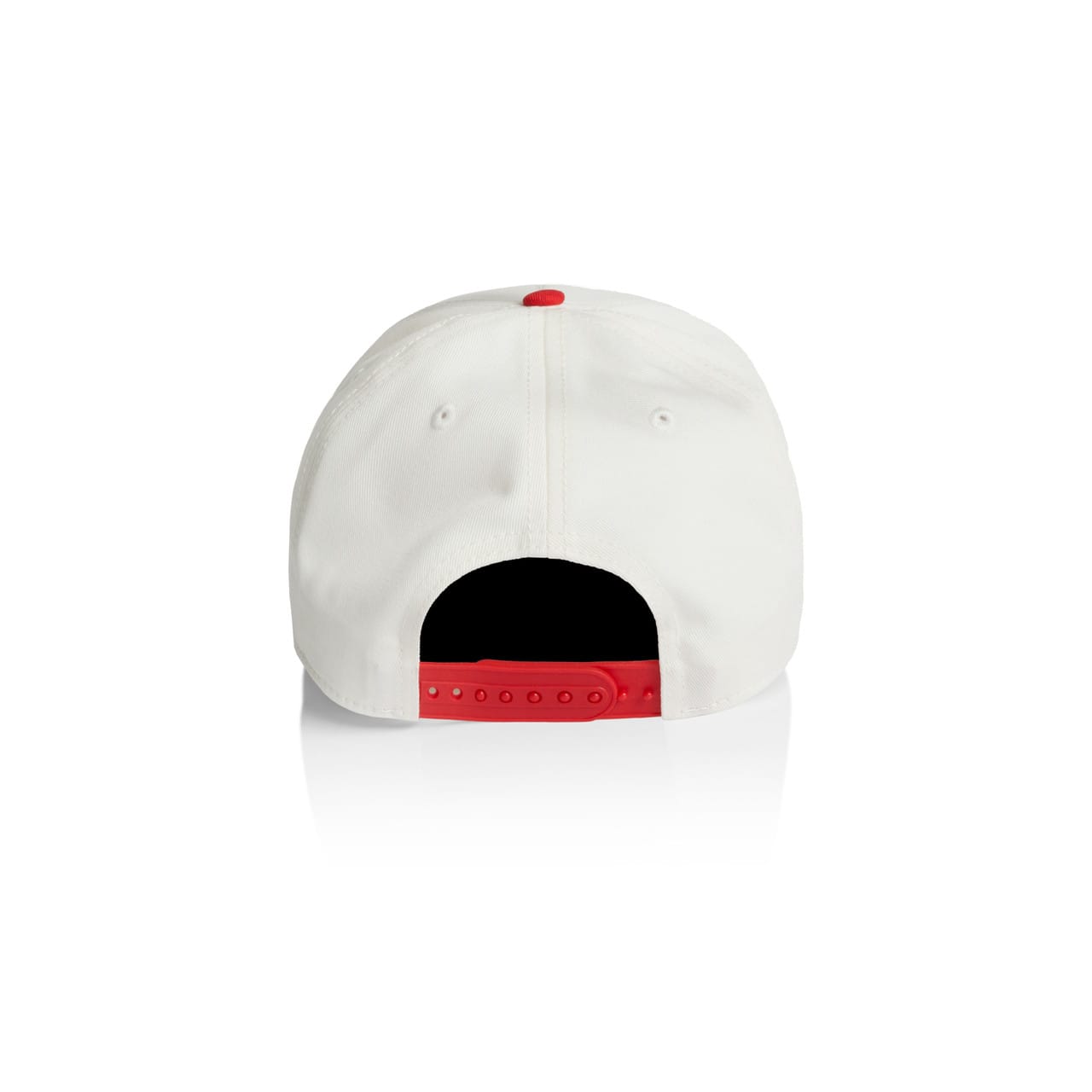 Frame Two-Tone Cap AS-1165 A white cap with a red button and adjustable strap at the back, featuring a logo.