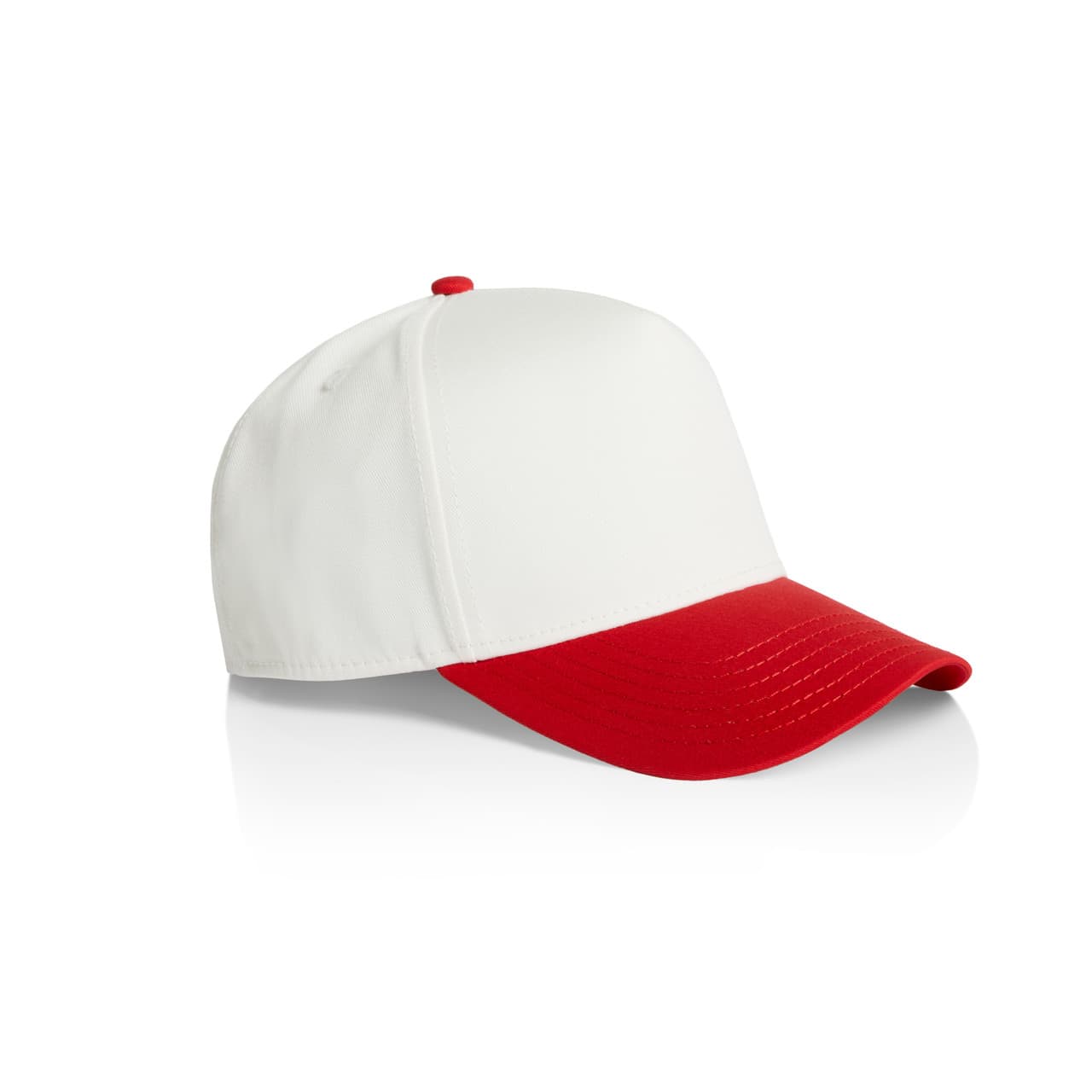 Frame Two-Tone Cap AS-1165 A two-tone cap featuring a white crown and a red peak, with a button on top and a logo on the side.