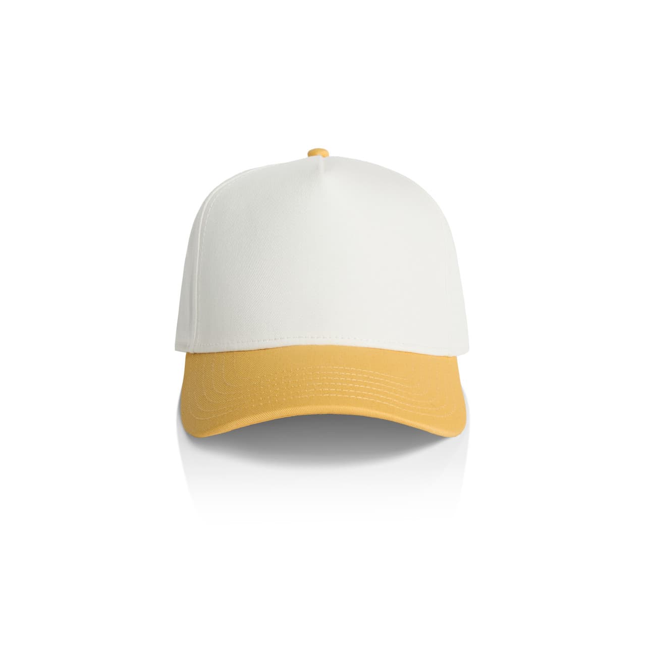 Frame Two-Tone Cap AS-1165 A two-tone cap featuring a white front and a yellow peak, with a branded logo on the side.