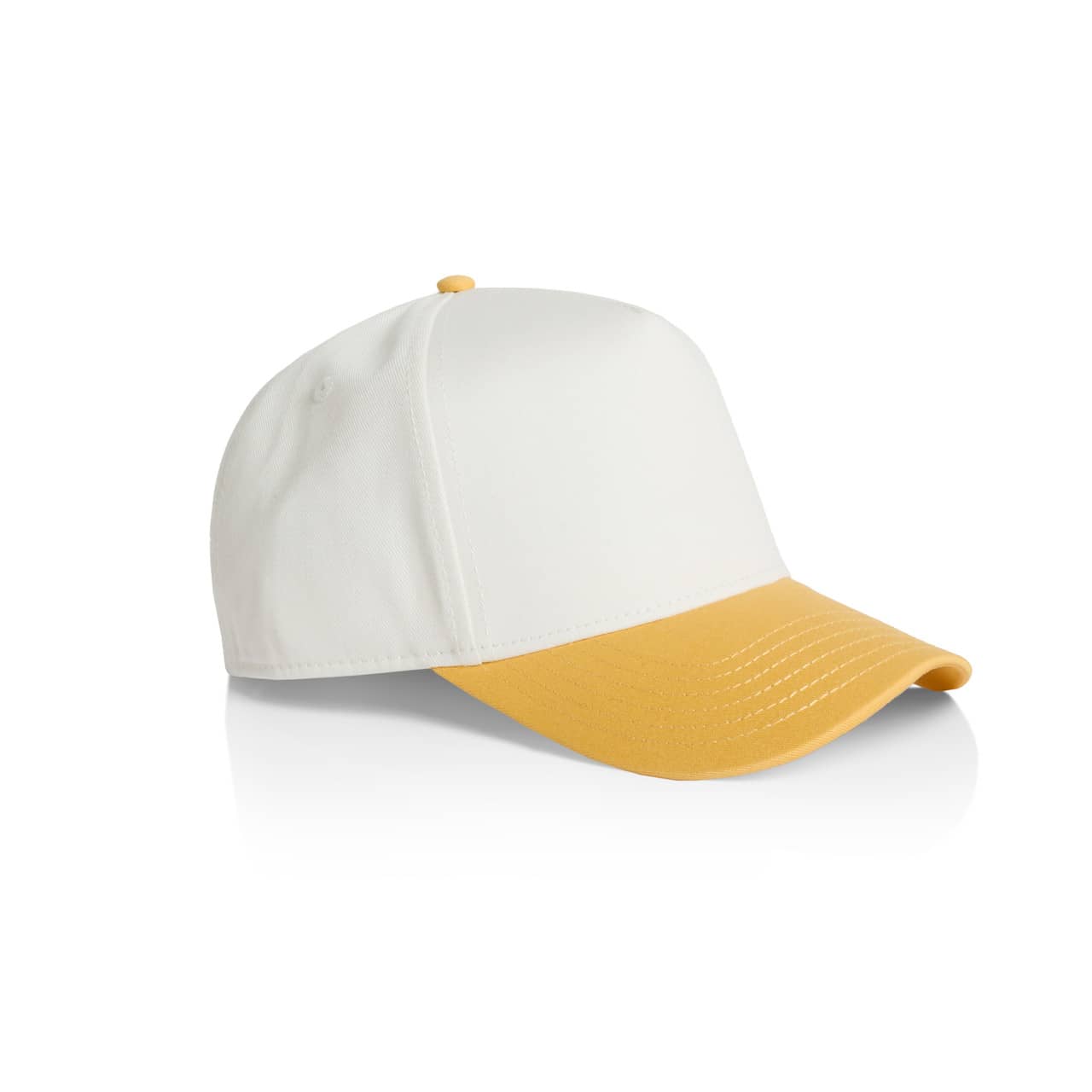 Frame Two-Tone Cap AS-1165 A two-tone cap featuring a white crown and a yellow brim. It has a logo on the side.