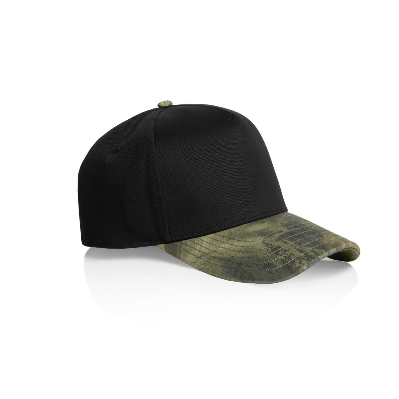 A two-tone camo cap featuring a black crown and a green camo brim, with a logo on the front.