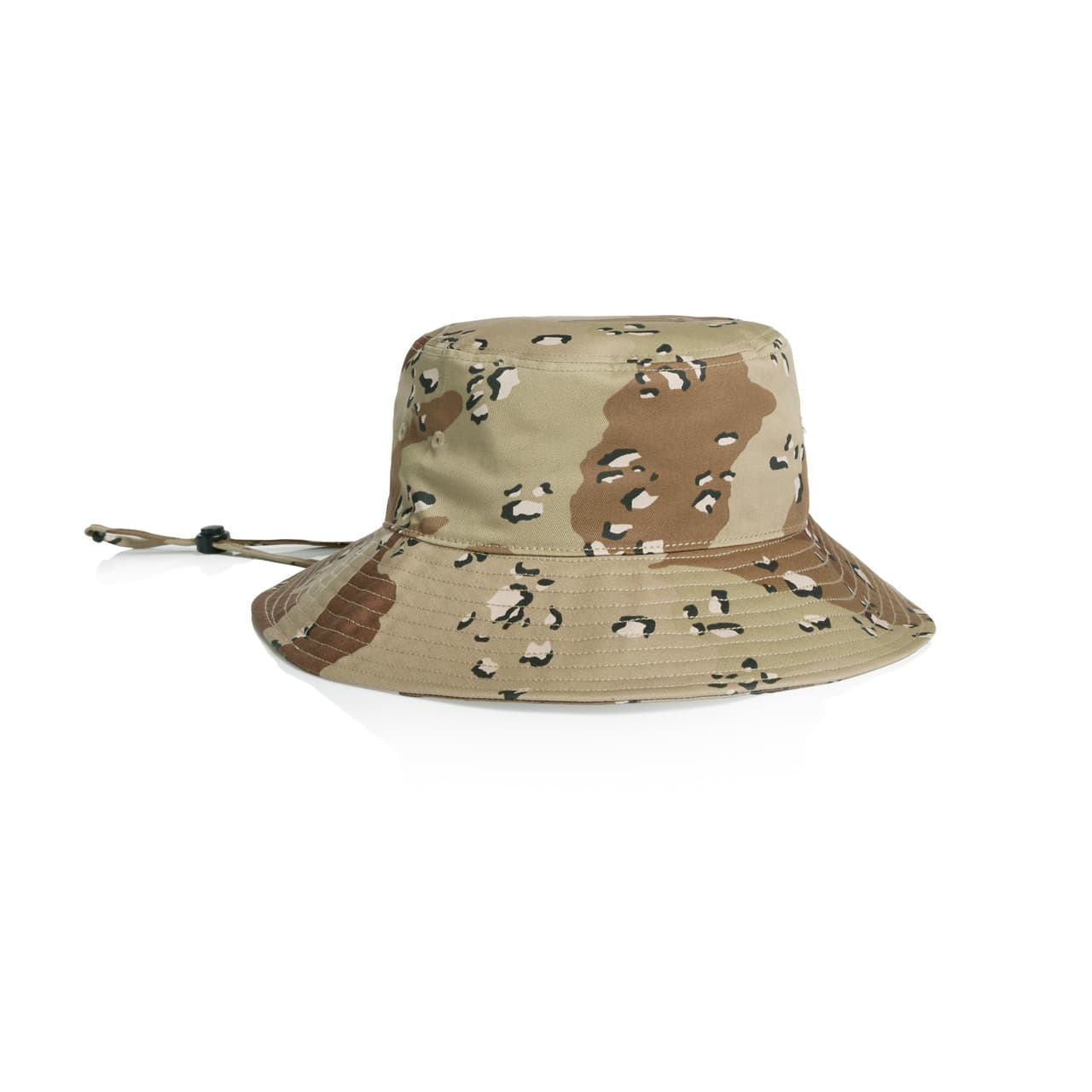 Wide Brim Camo Bucket Hat AS-1172C A wide-brim bucket hat in a camouflage pattern featuring shades of beige and brown, with an adjustable strap.
