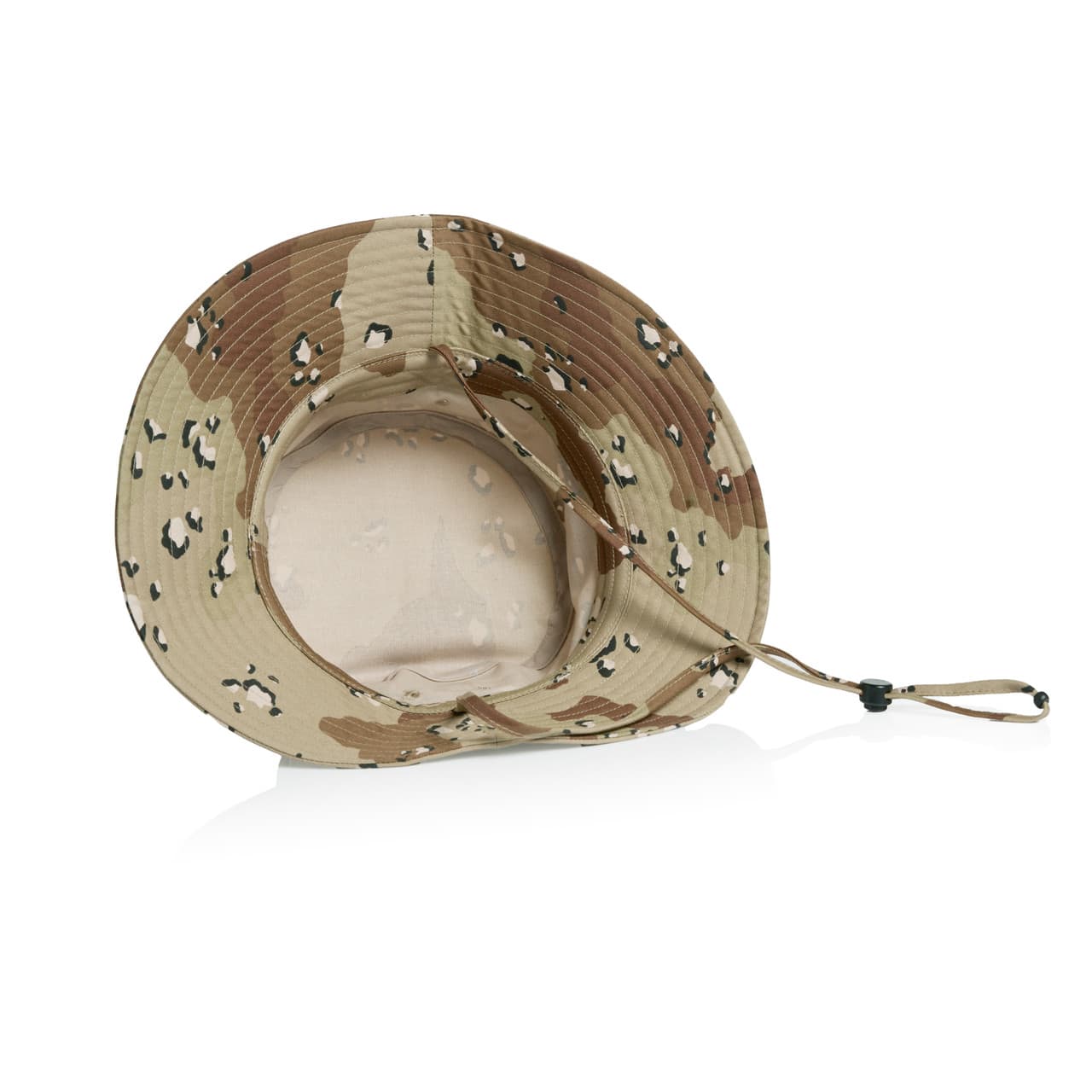 Wide Brim Camo Bucket Hat AS-1172C A wide-brimmed bucket hat in a camo pattern featuring shades of beige, brown, and green, with an adjustable strap.