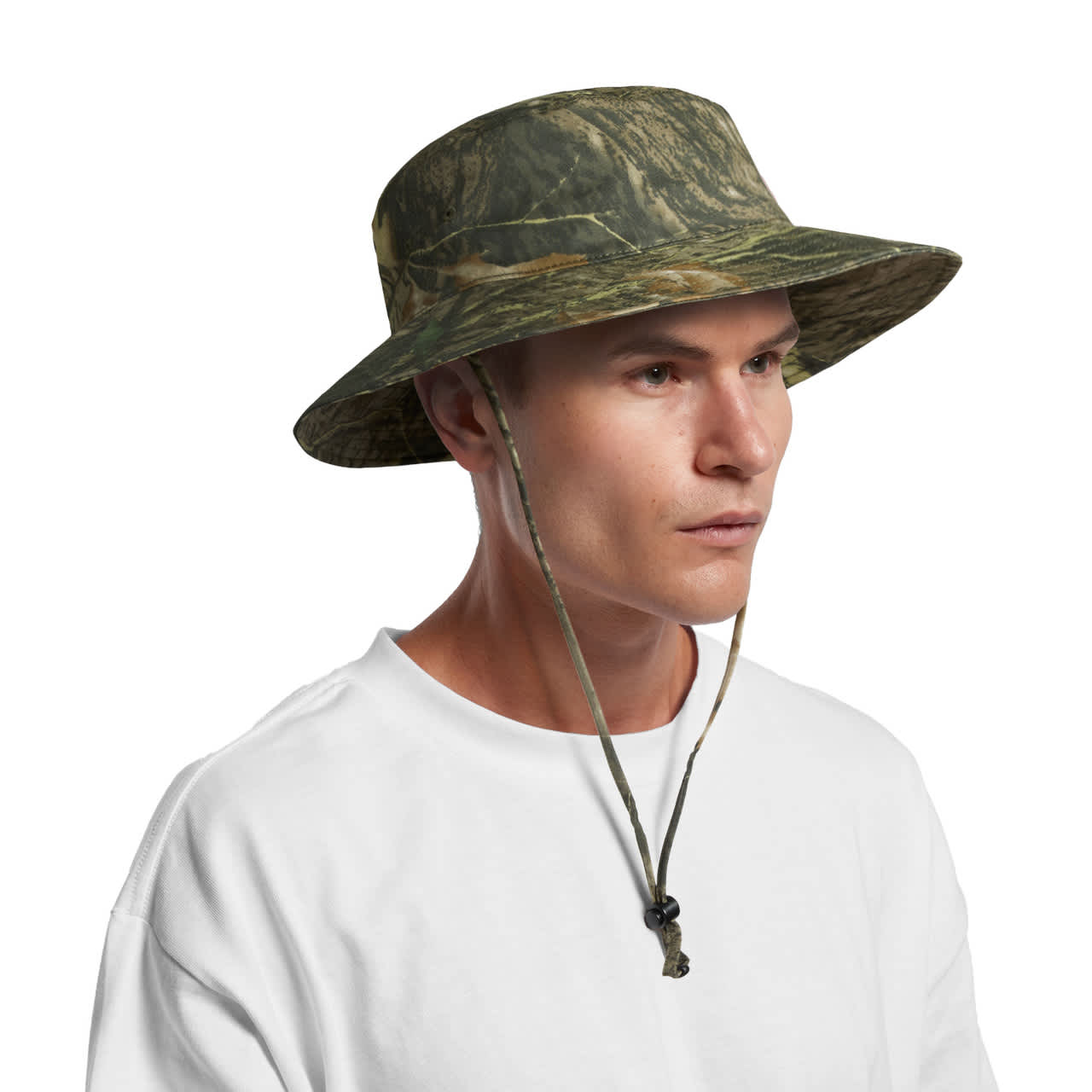 Wide Brim Camo Bucket Hat AS-1172C A camo wide-brim bucket hat with a chin strap, featuring shades of green and brown. It has a logo on the side.