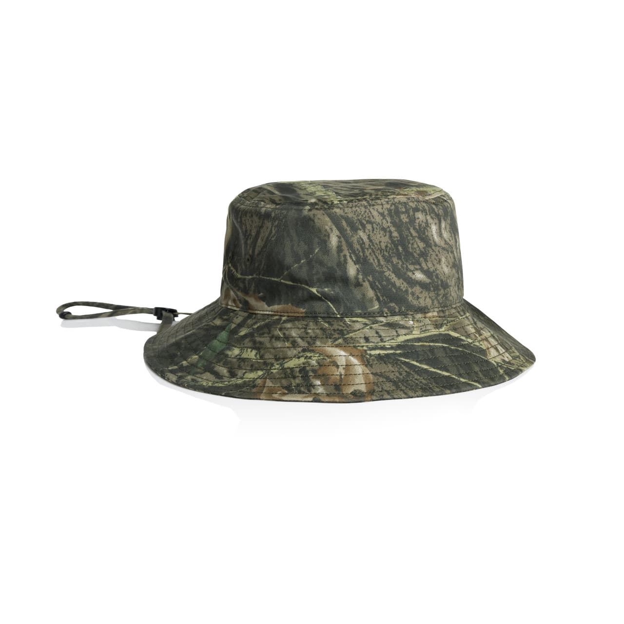 Wide Brim Camo Bucket Hat AS-1172C A wide brim bucket hat in a camo pattern, featuring a chin strap for secure wear.