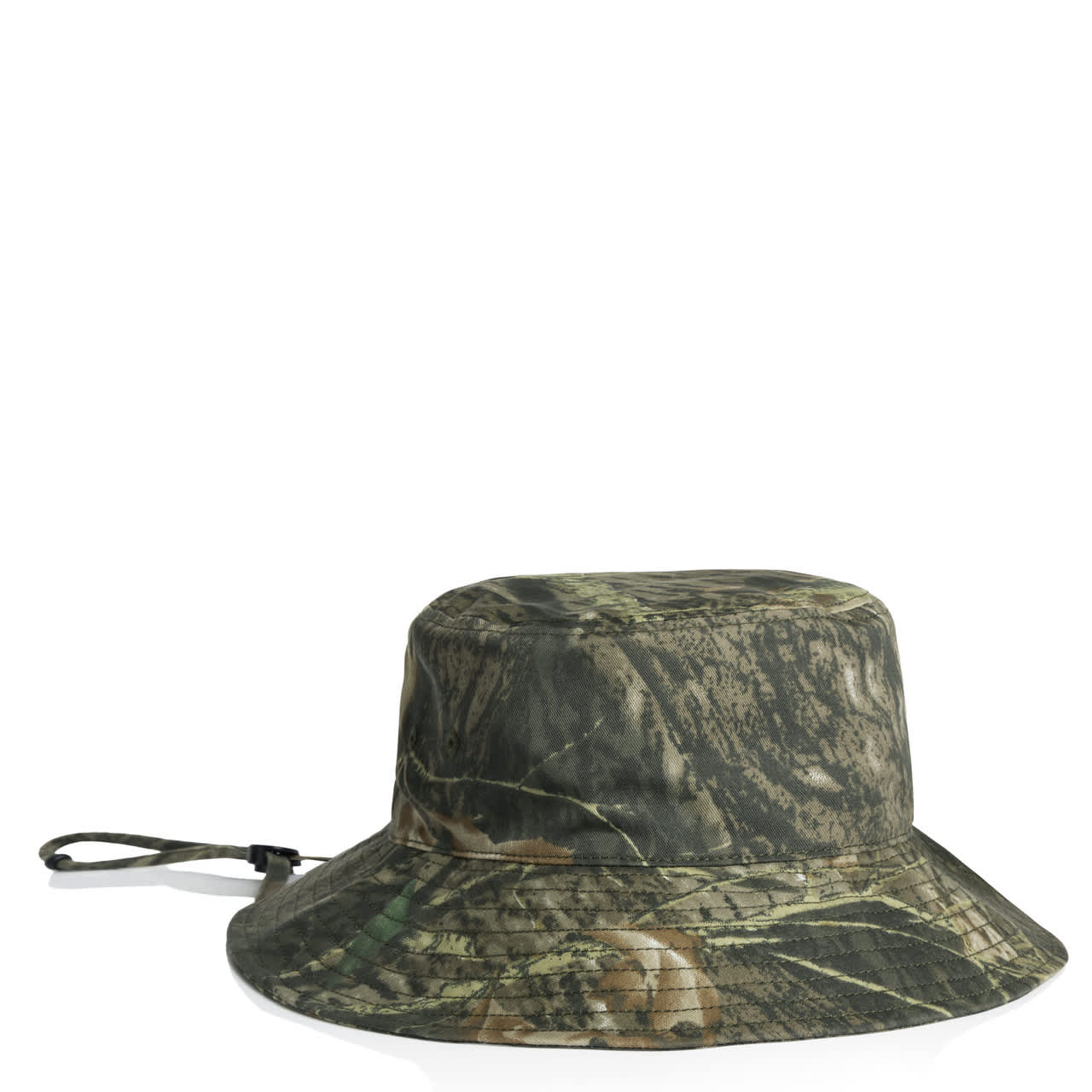 Wide Brim Camo Bucket Hat AS-1172C A wide brim bucket hat featuring a camouflage pattern in shades of green and brown, with an adjustable strap.