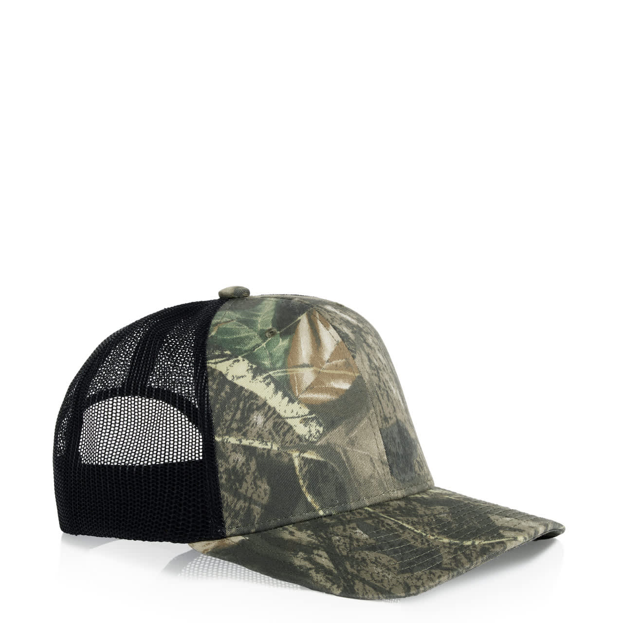 Mesh Contrast Camo Cap AS-1191C A camouflage cap featuring a mesh back, with shades of green and brown, and a curved brim. It has a branding logo.
