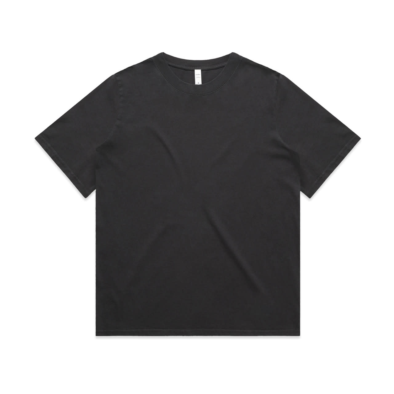 A black t-shirt with a relaxed fit and short sleeves. The shirt features a label at the neck and has a plain design.