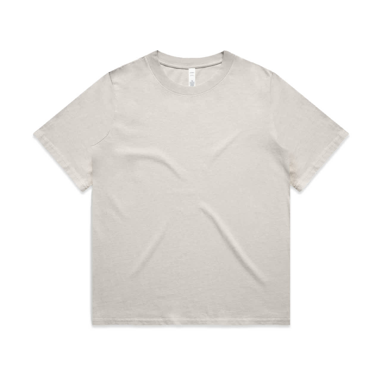 A beige heavy faded t-shirt with a classic crew neckline and short sleeves, featuring a branded label inside.
