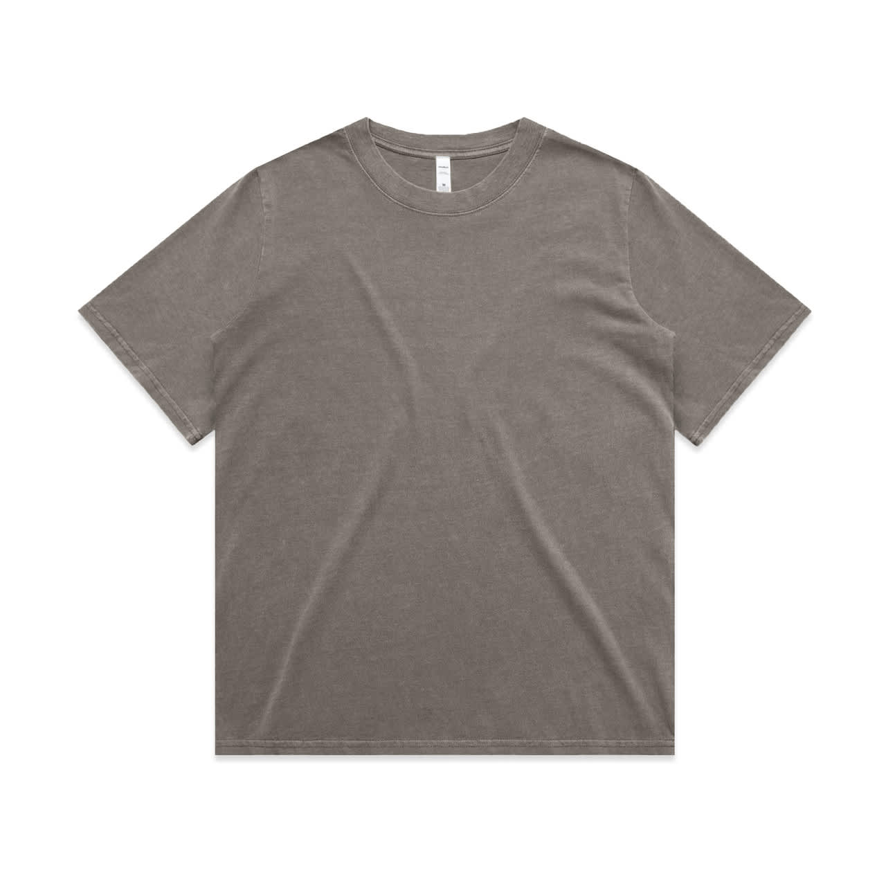 A grey faded T-shirt with a relaxed fit and short sleeves. It features a simple design and has a logo.