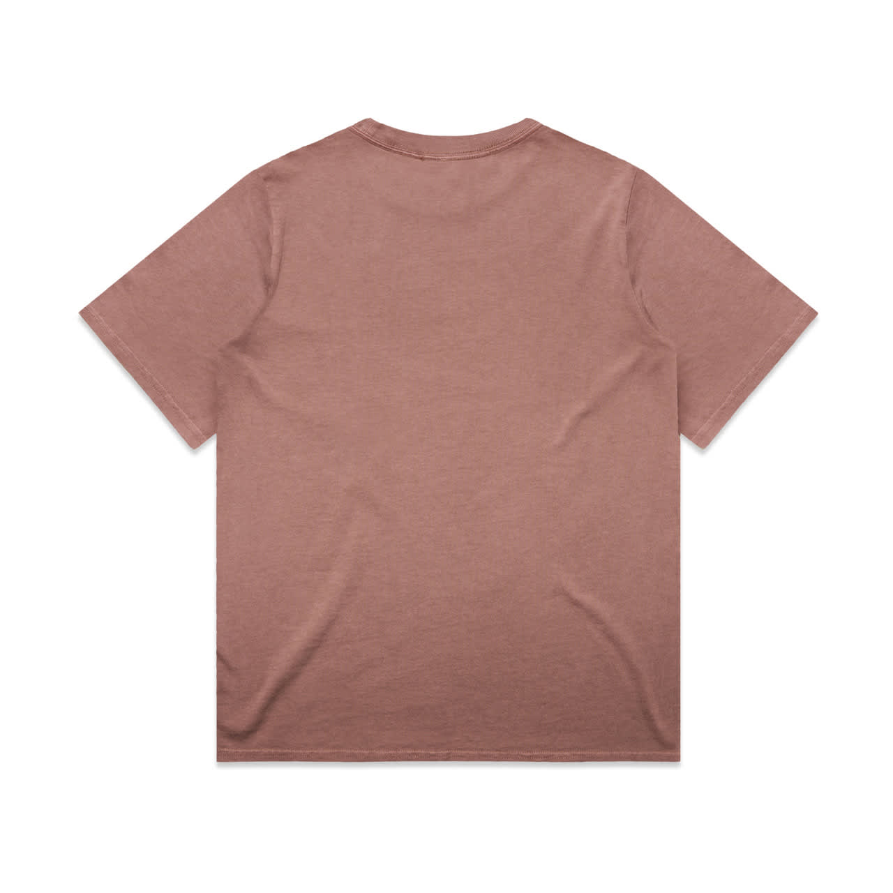 A faded pink t-shirt featuring a loose fit and short sleeves, with a logo on the back.