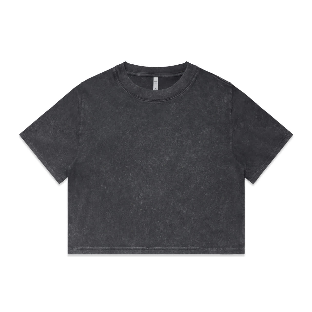 A heavy cropped top in stone wash black with a relaxed fit and short sleeves. Features a logo.