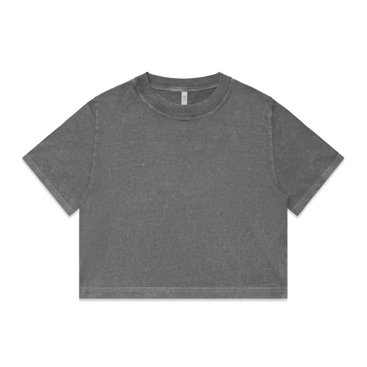 A grey stone wash heavy crop tee with a round neckline and short sleeves, featuring a logo.