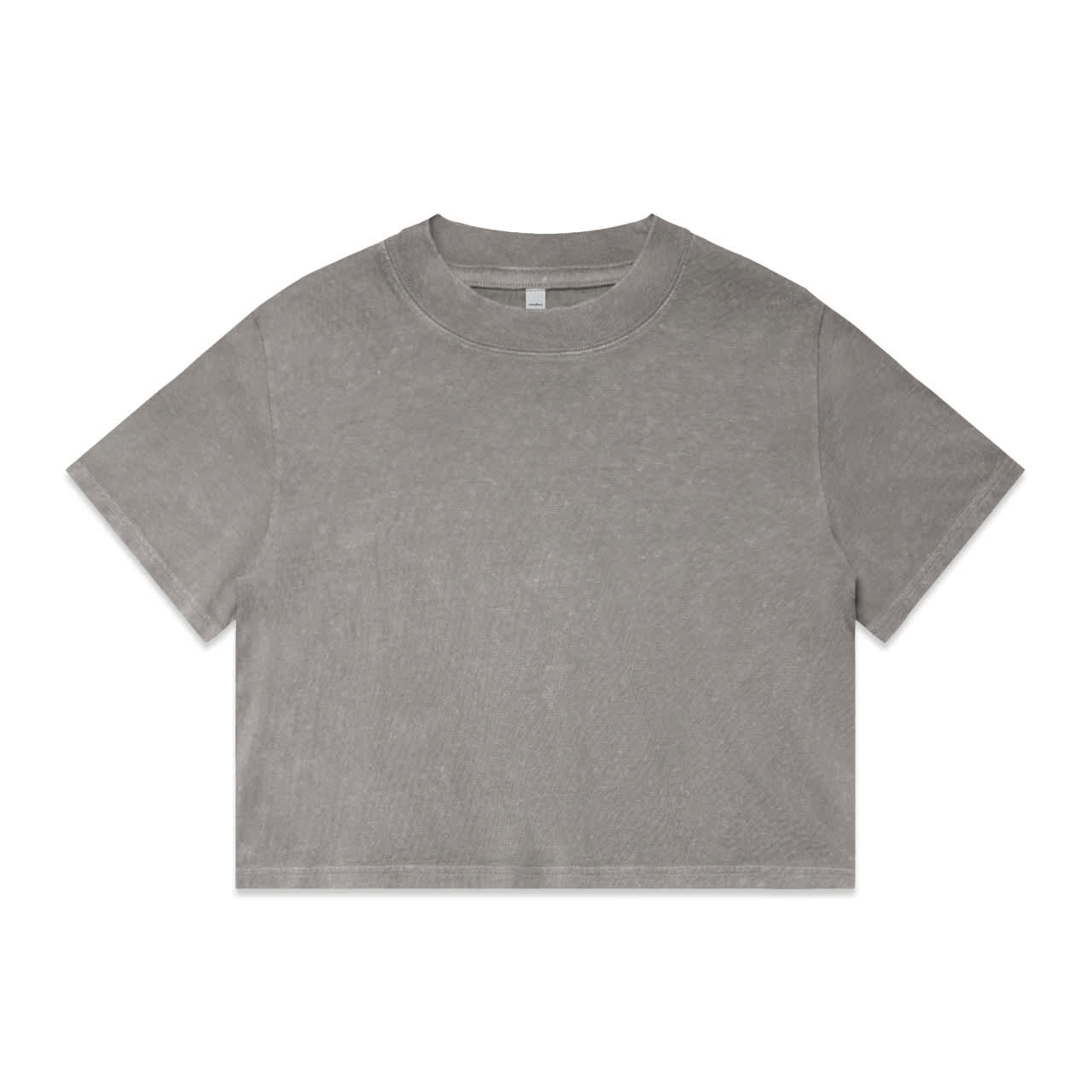 A cropped grey T-shirt with a simple design and a round neckline, featuring a branding logo.