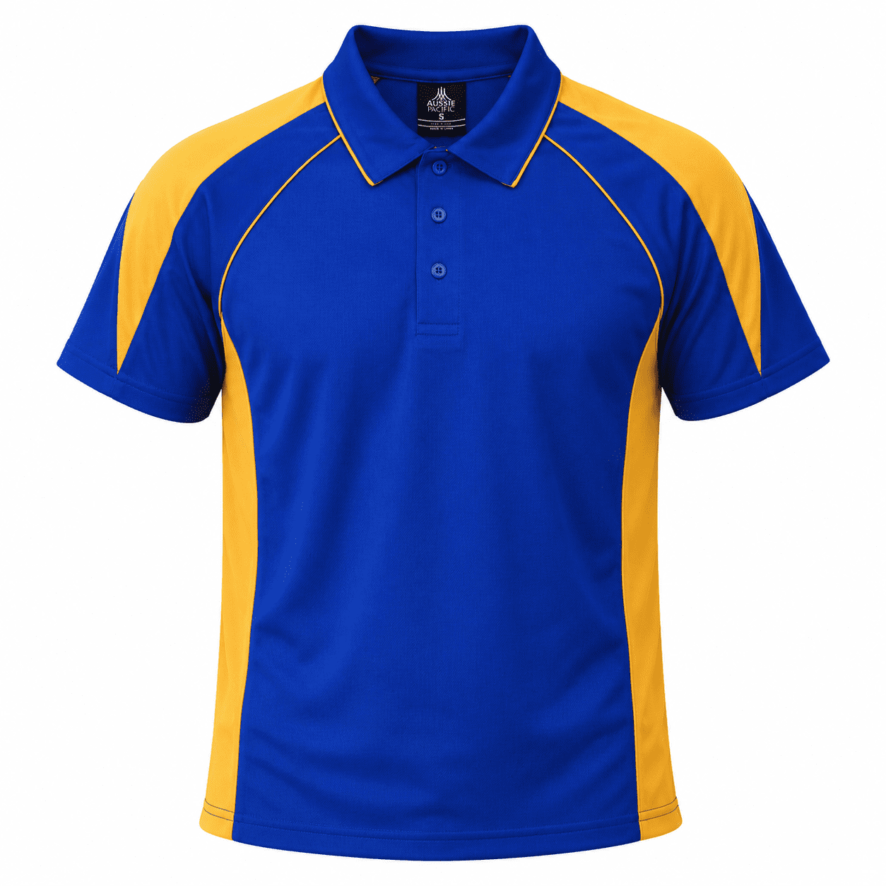 A blue polo shirt featuring yellow accents and a stylish design. It has a collar and buttons, with a logo on it.