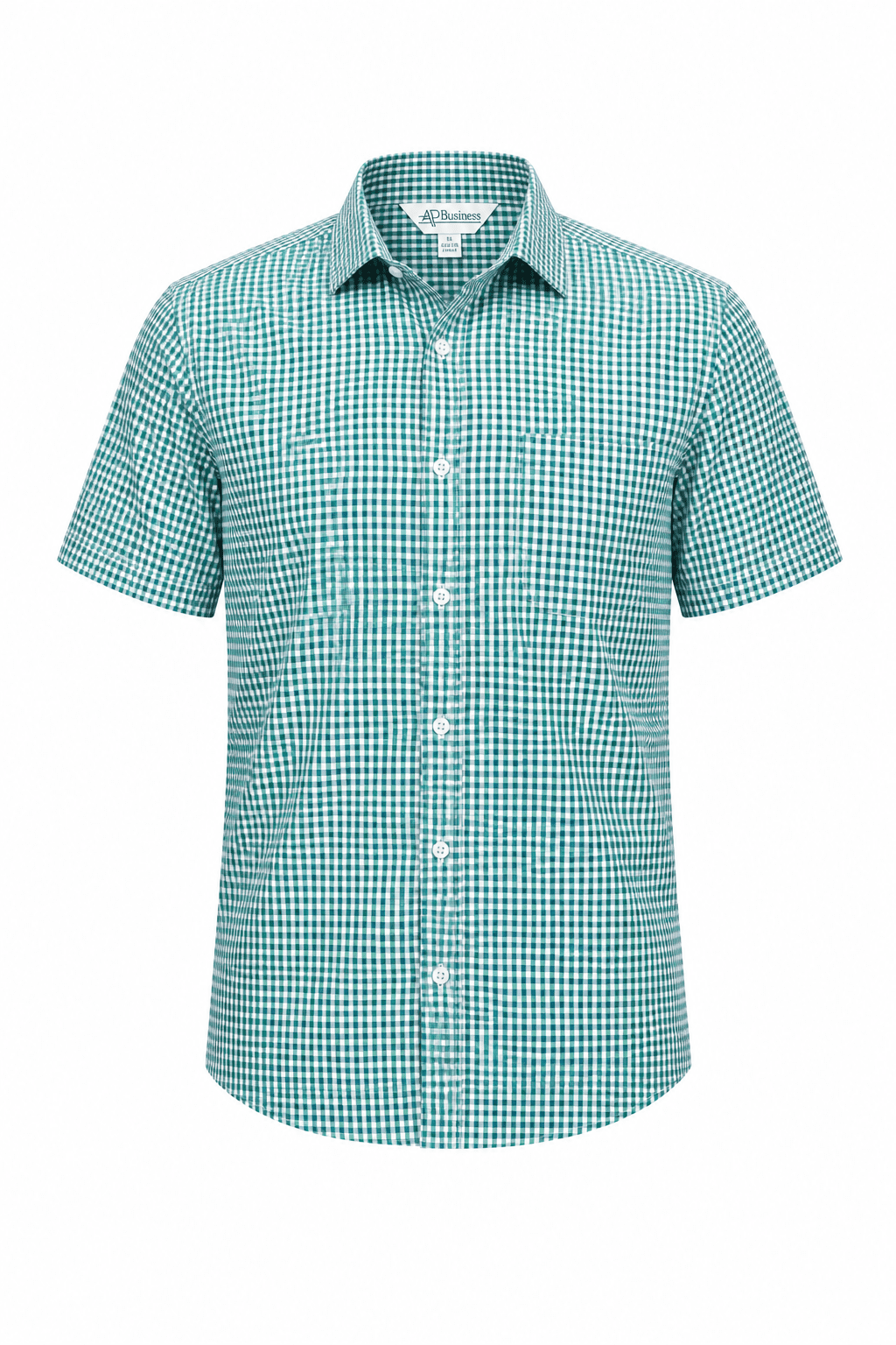 A short-sleeve button-up shirt featuring a green and white checkered pattern and a logo.