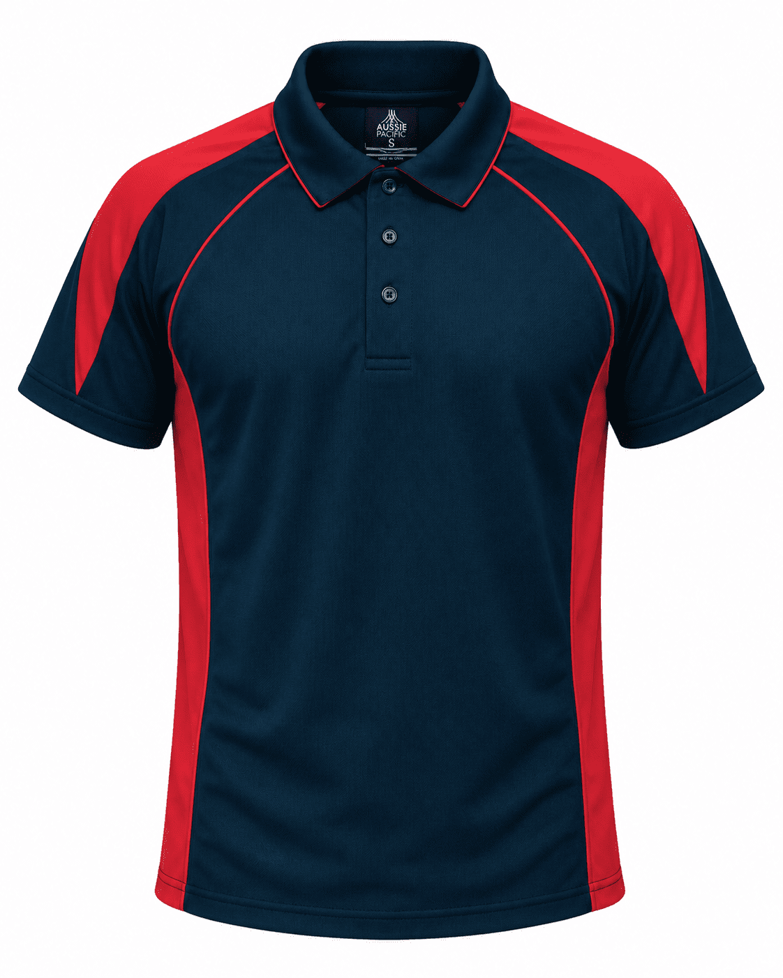 A navy polo shirt with red side panels and a collar, featuring a logo on the chest.