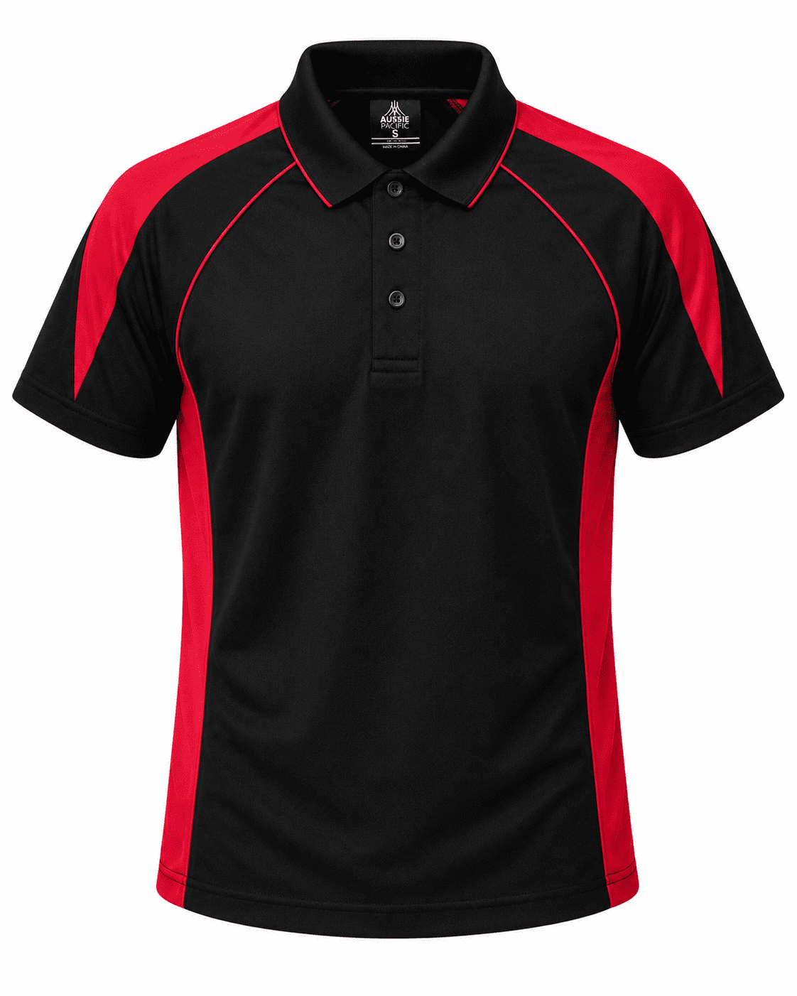 A black polo shirt with red accents and a logo on the chest. It features a classic collar and three buttons.