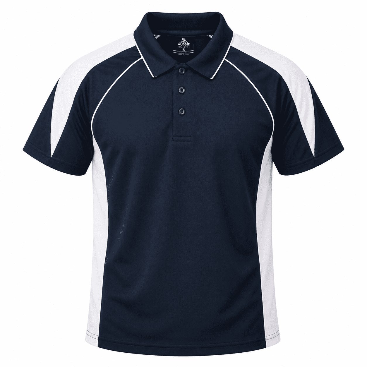 A navy blue polo shirt with white panels and a collar, featuring a logo. Short sleeves and a classic fit design.