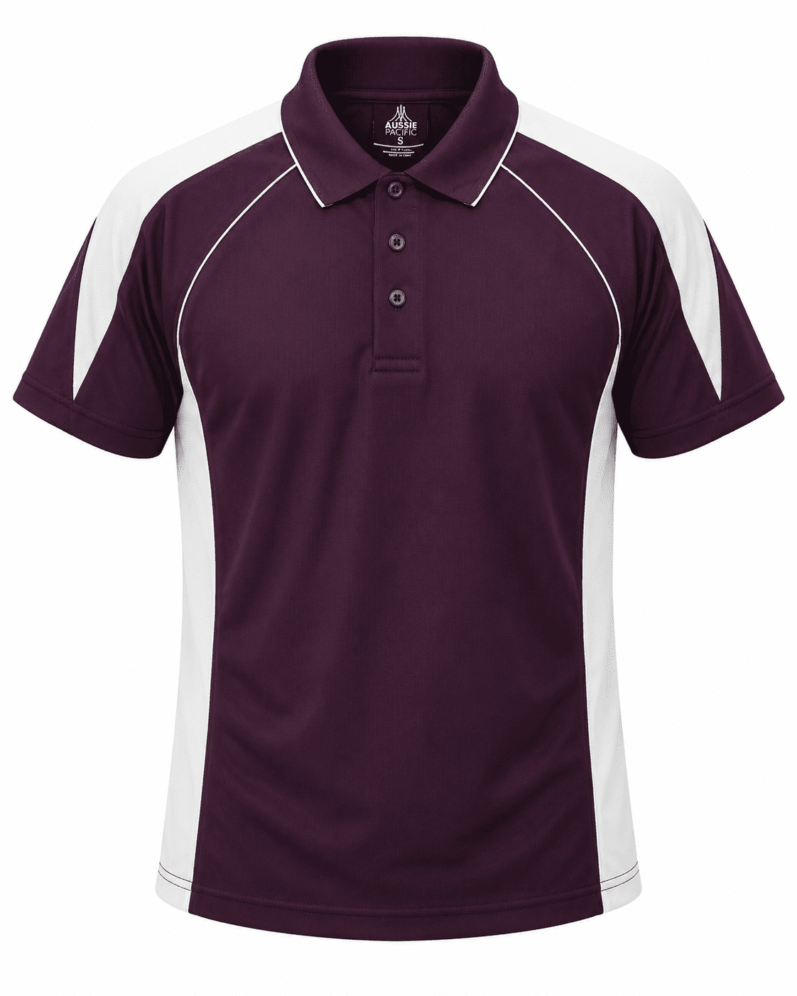 A maroon polo shirt featuring white side panels and a logo on the collar.