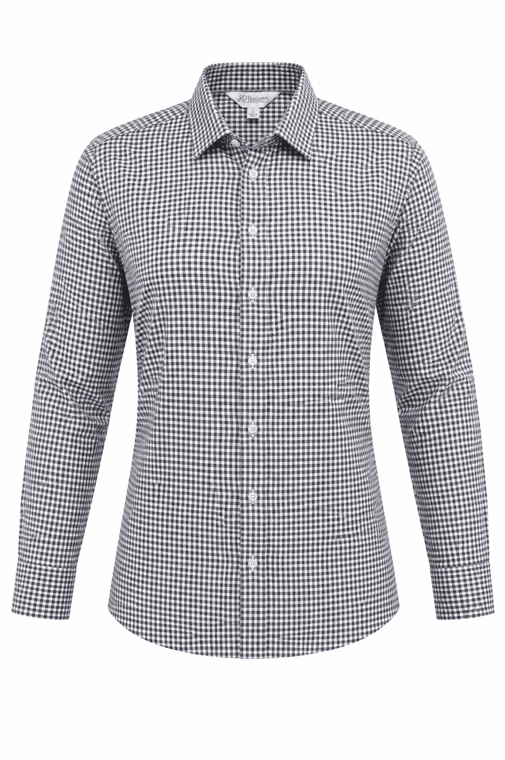 A long sleeve button-up shirt in a black and white checked pattern, featuring a classic collar and a logo.