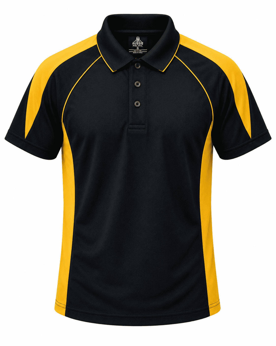 A black polo shirt with yellow accents and a logo on the chest. Features a collar and buttons.