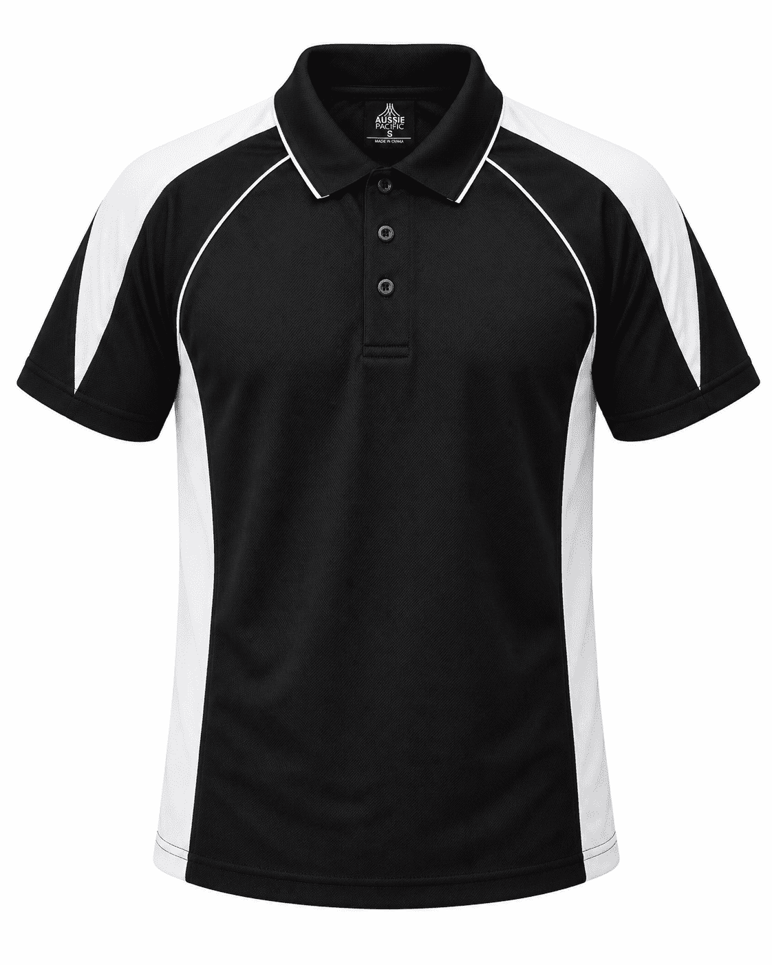 A black and white polo shirt featuring a logo and a classic collar design.