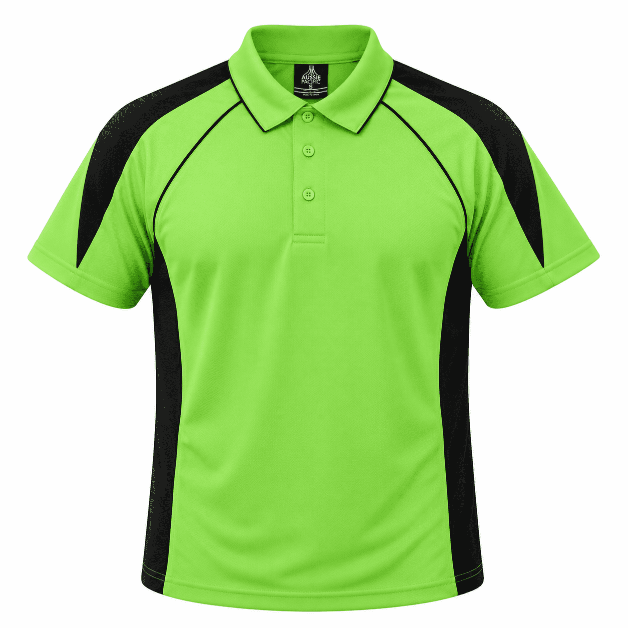 A bright green polo shirt with black accents and a logo on the chest.