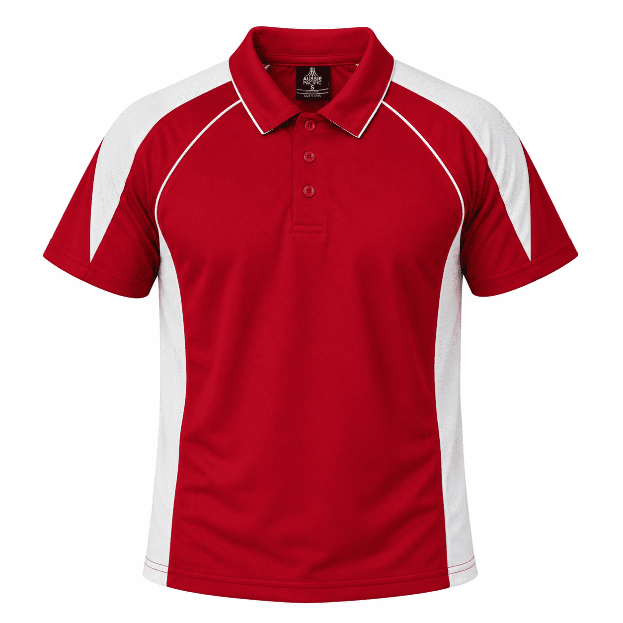 A red polo shirt with white accents, featuring a collar and buttons. It has a logo on the left chest area.