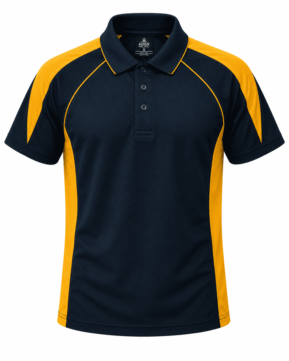 A navy and yellow polo shirt featuring short sleeves, a collared neck, and a logo on the left side.