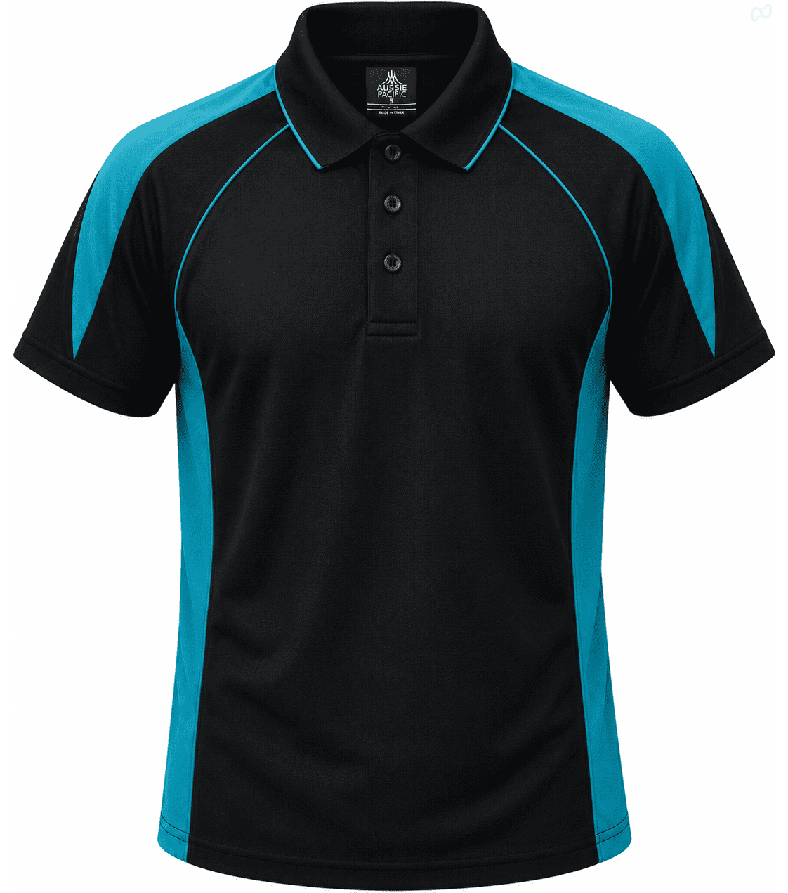 A black polo shirt featuring turquoise accents and a logo on the chest area.