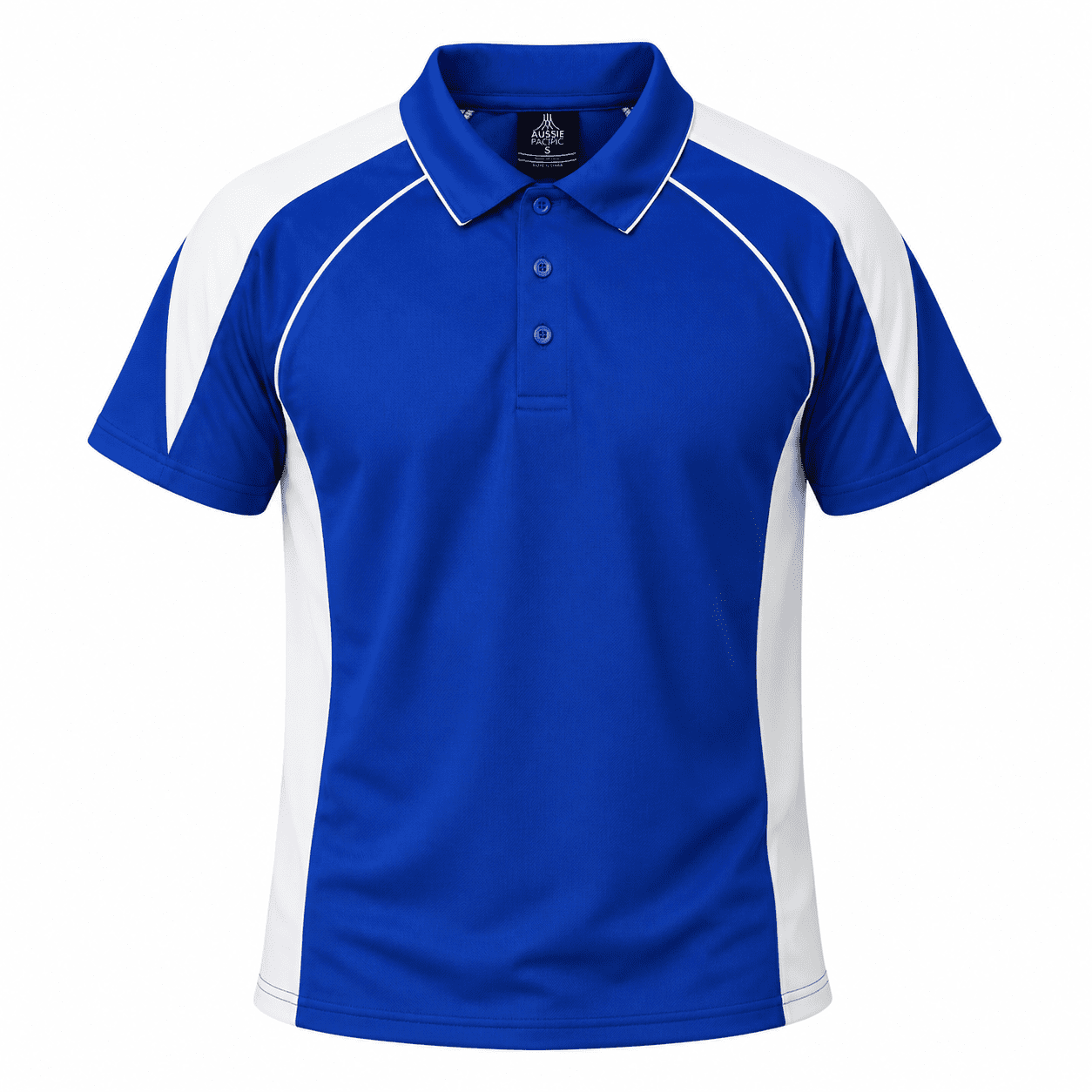 A blue polo shirt featuring white side panels and a collar, with a logo on the front.