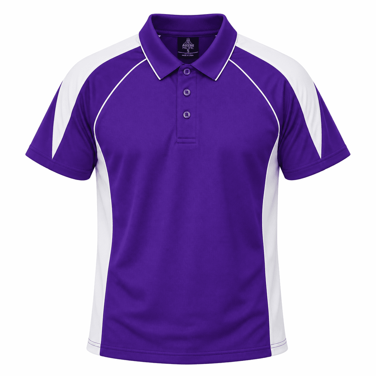 A purple polo shirt with white side panels and a collar, featuring a subtle logo.