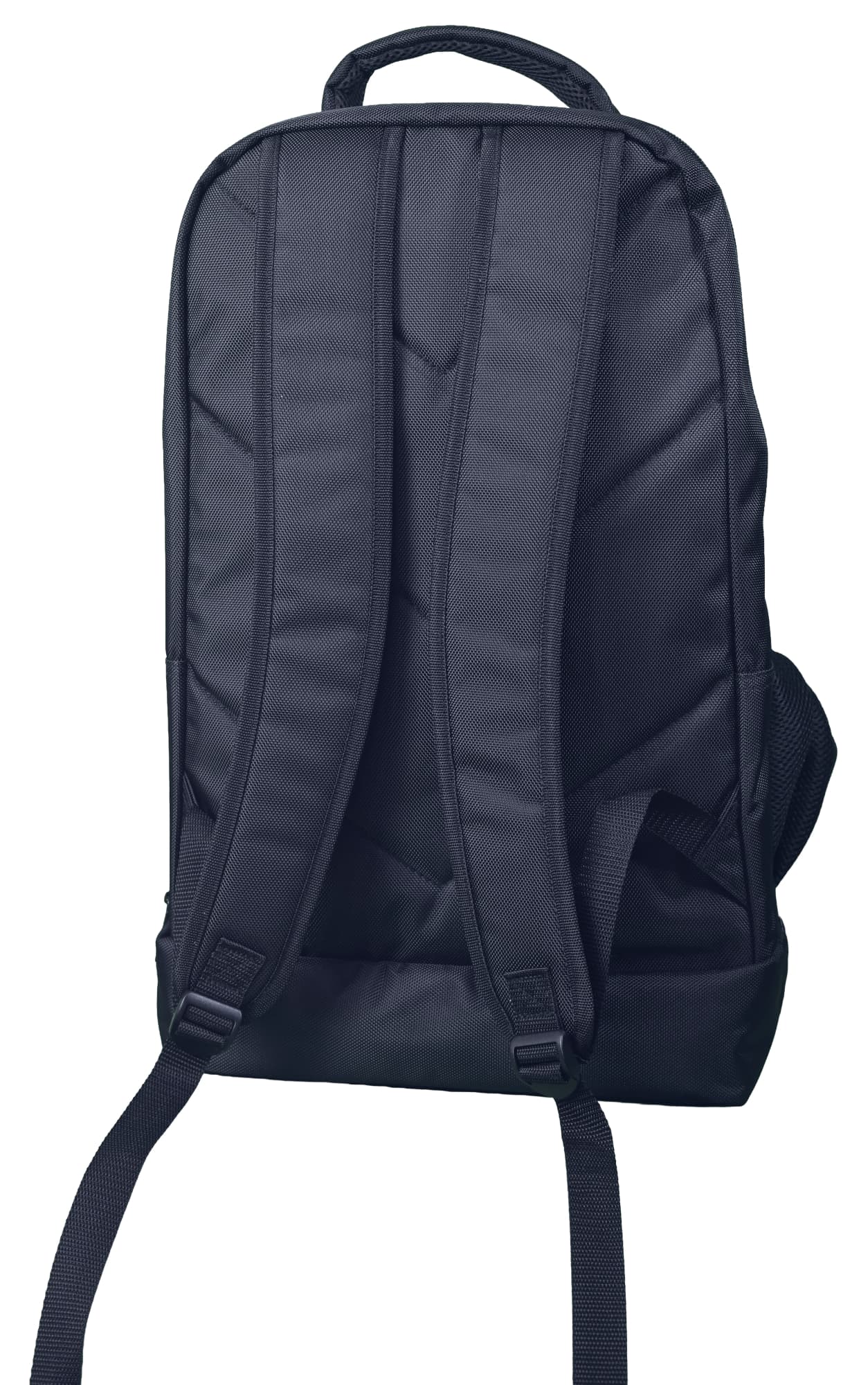 A black backpack with padded straps and a simple design, featuring a logo on the exterior.